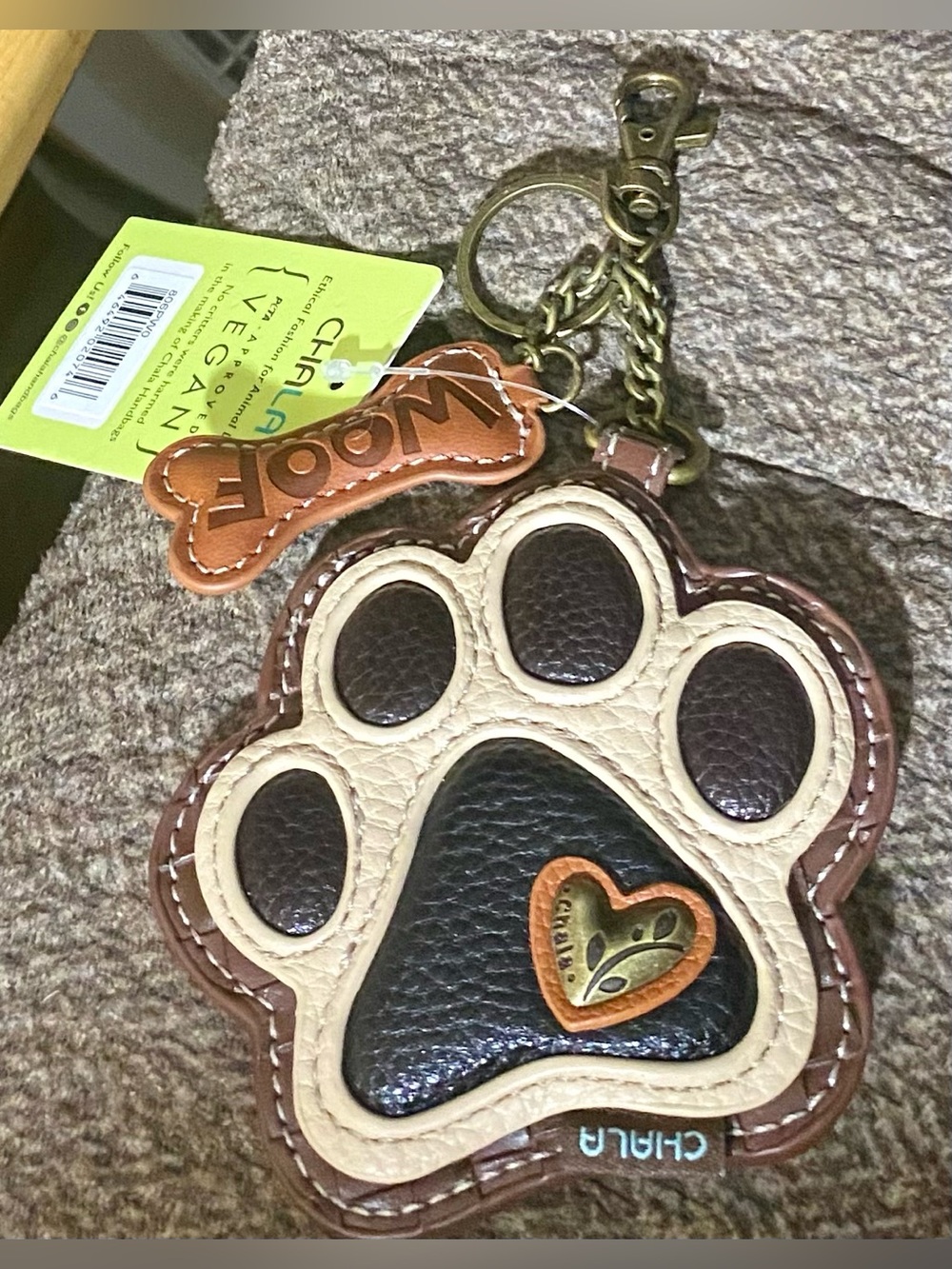 Chala paw print coin purse key fob textured brown cream faux leather WOOF charm
